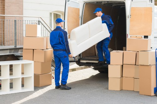 Packed moving boxes ready for house removals in Wapping